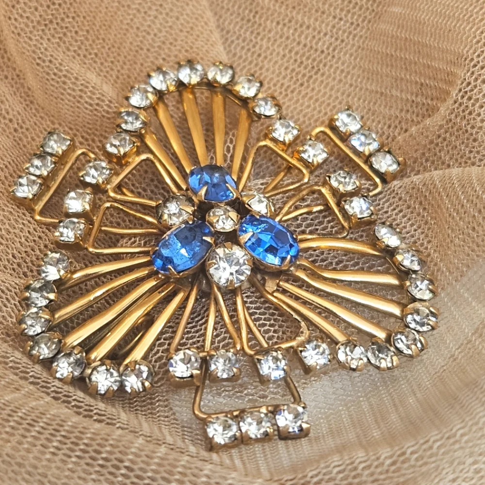 Vintage Signed 1/20 12k Gold Filled Brooch Pin With Blue Topaz & Clear Stones